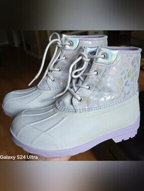 Sz 4 Big Girl's SPERRY POR BOOT Grey Metallic Leopard Print Iridescent